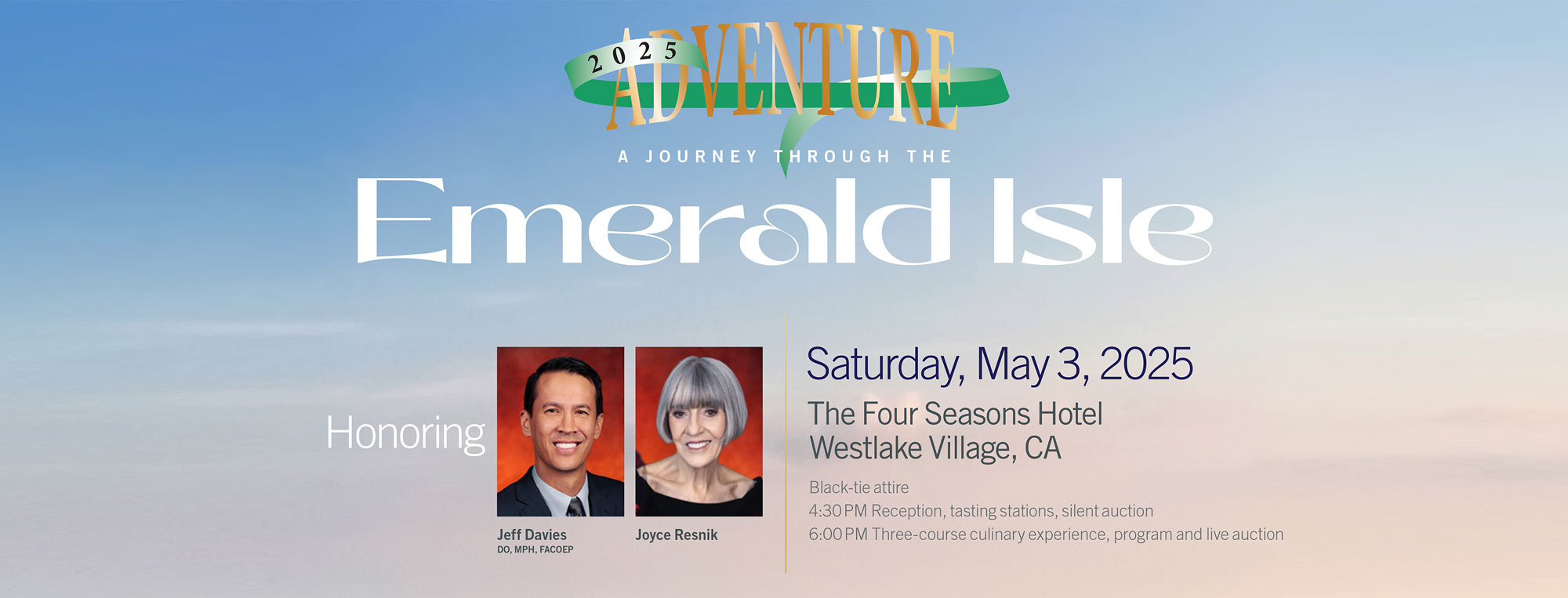 Emerald Isle Event banner showing Dr. Jeff Davies and Joyce Resnik